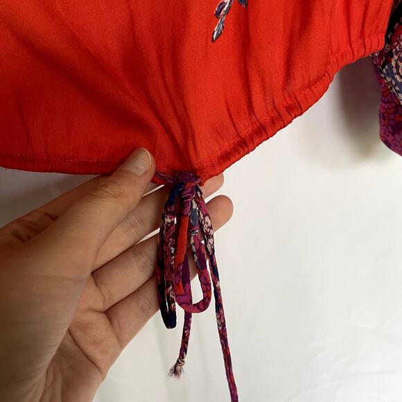 Free People boho flowy top orange pink women's size XS drawstring elastic waist - Picture 5 of 10